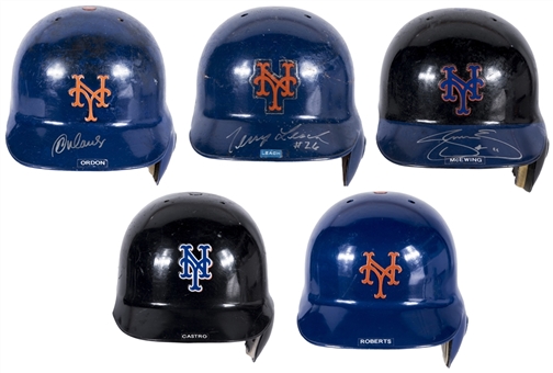 Lot of (5) New York Mets Game Used & Signed Batting Helmets: Roberts, Leach, Ordon, Castro & McEwing- 2 unsigned (JT Sports, Steiner & Beckett PreCert)